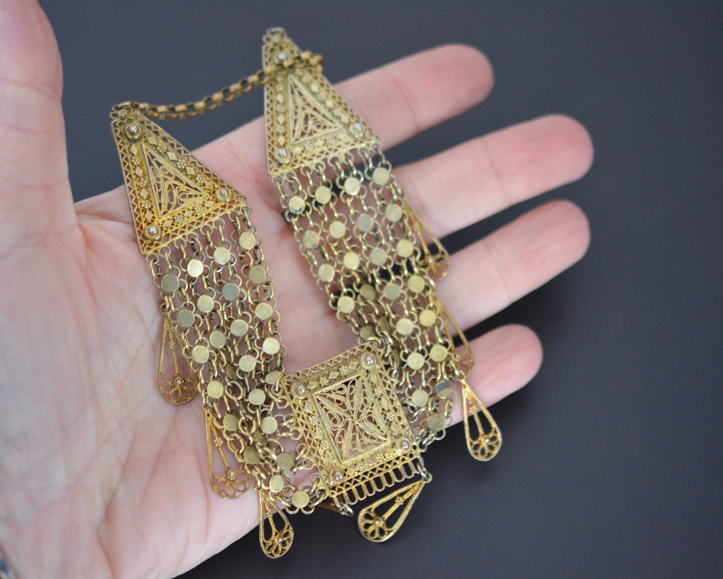 Yemeni Gilded Silver Filigree Necklace with Dangles - Made in Israel