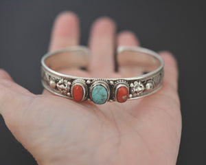 Nepali Turquoise Coral Cuff Bracelet with Filigree Work