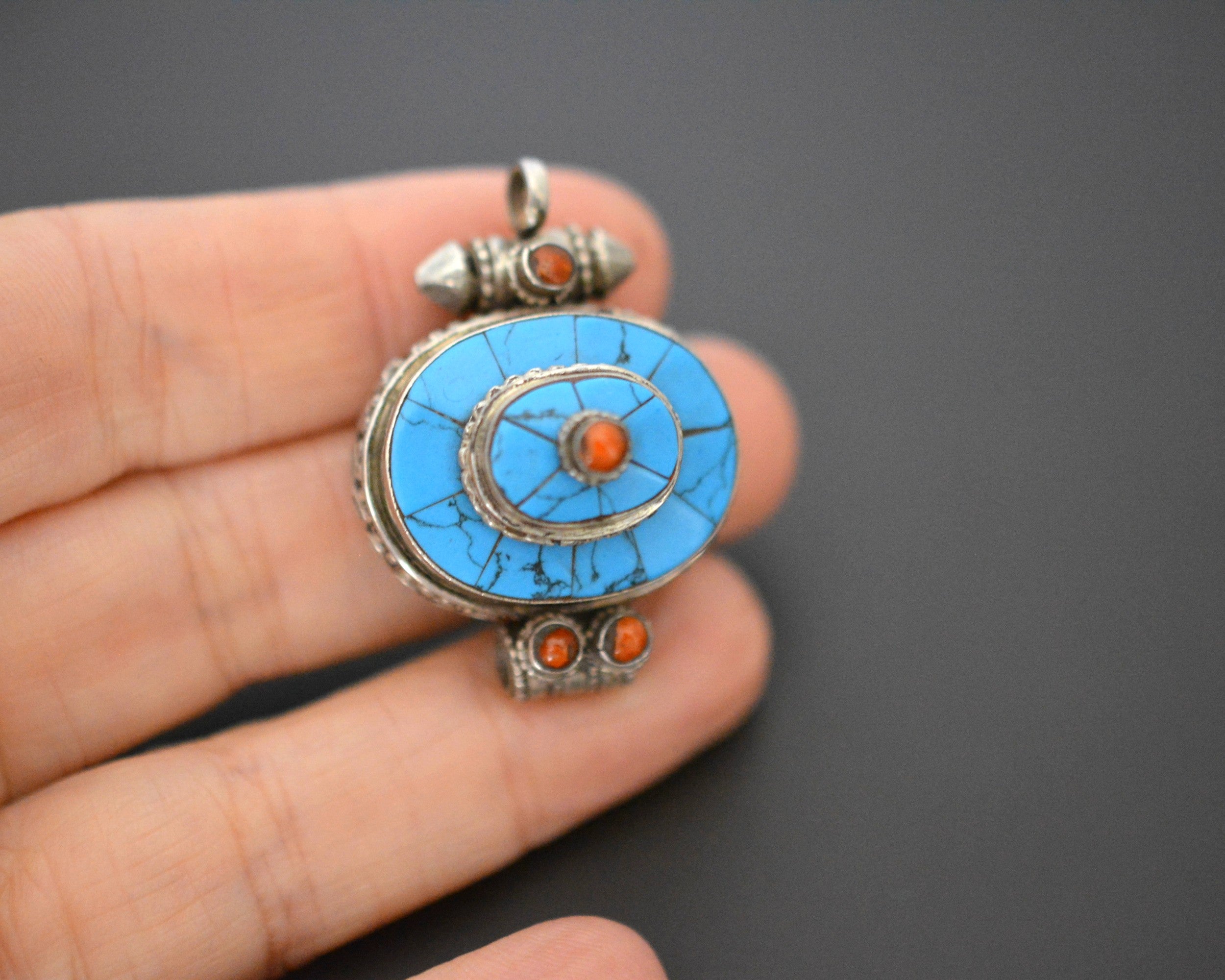 Tibetan Turquoise and Coral Gau Box Pendant