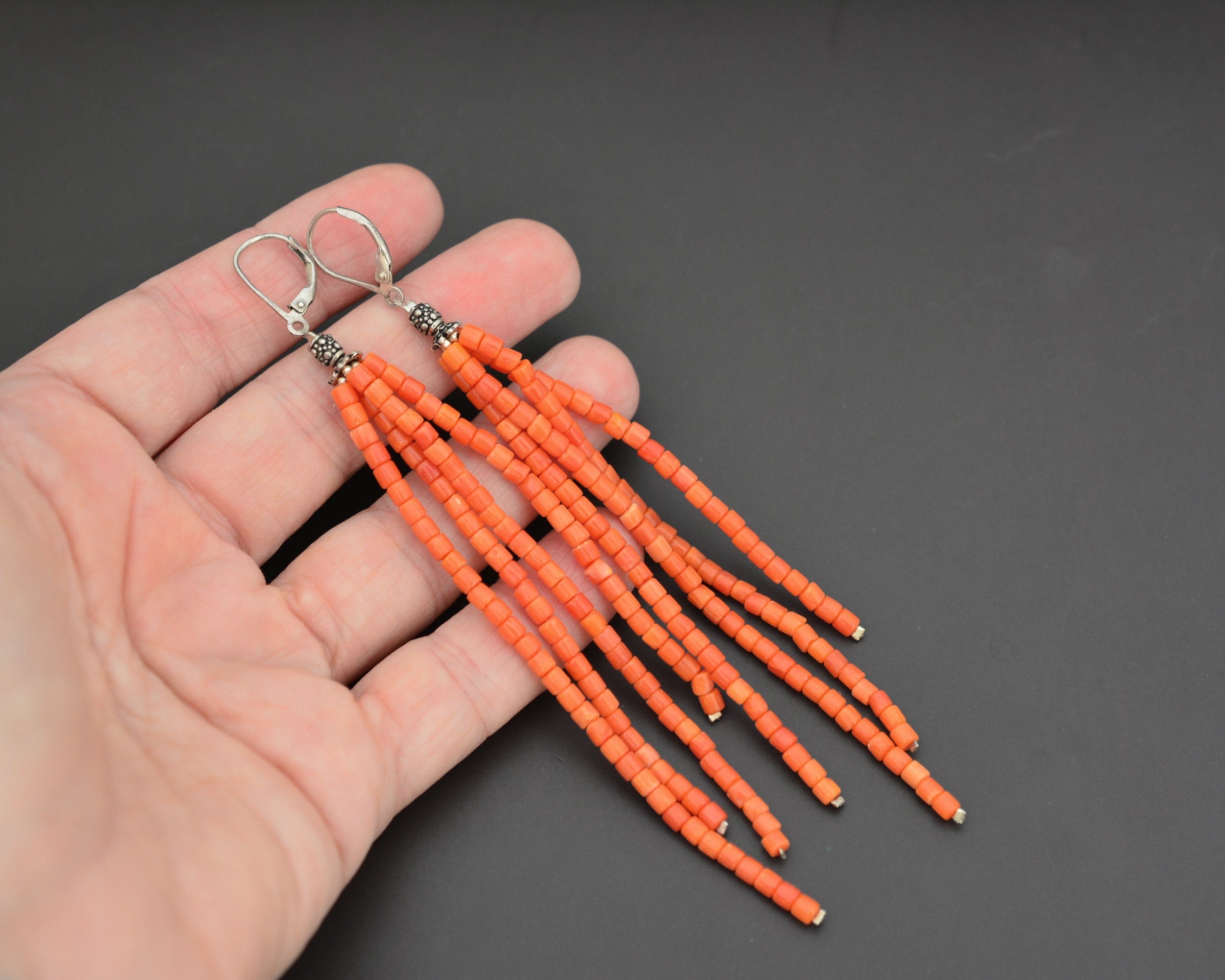 Very Long Coral Beaded Tassel Earrings