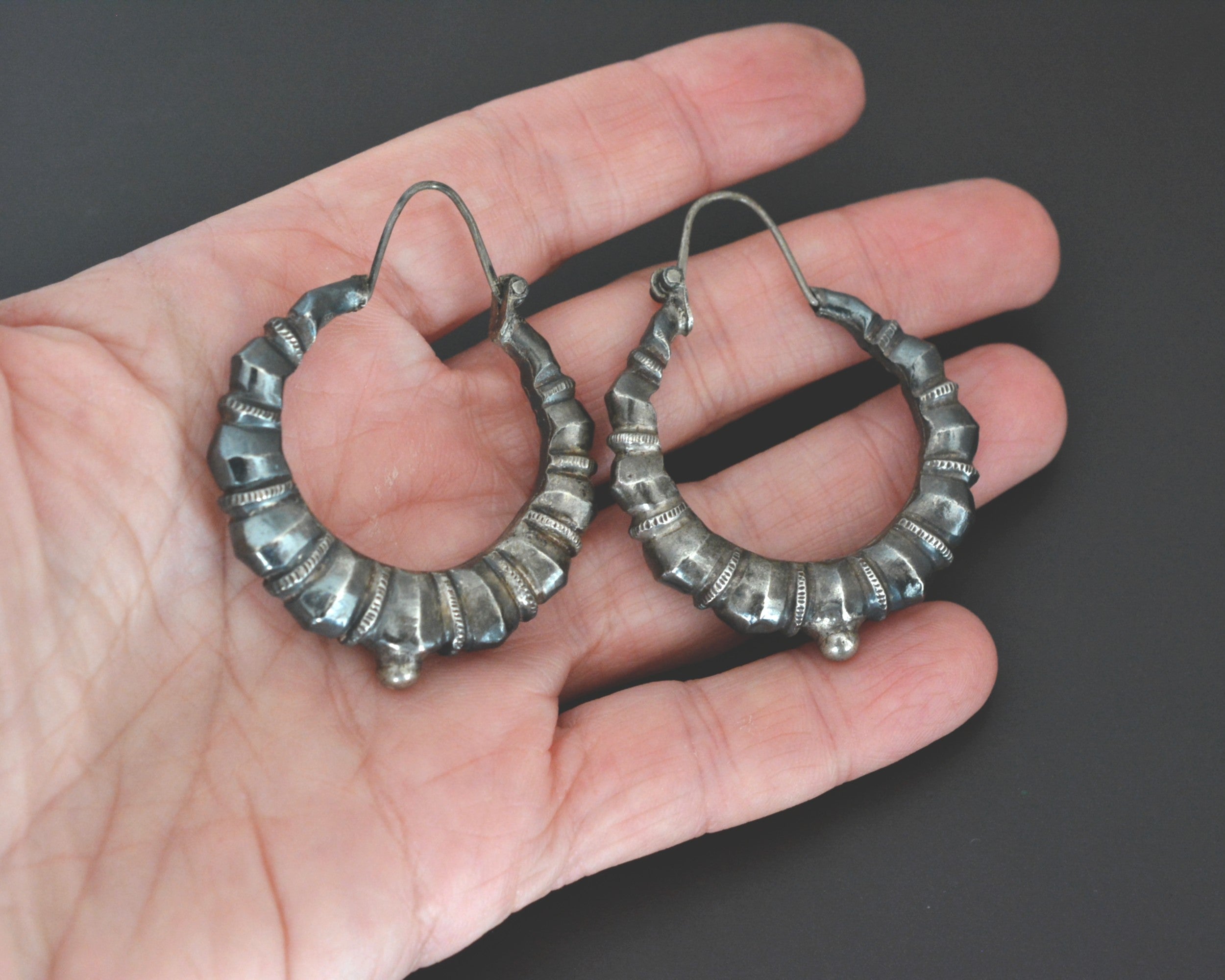 Nepali Silver Hoop Earrings - Medium Large