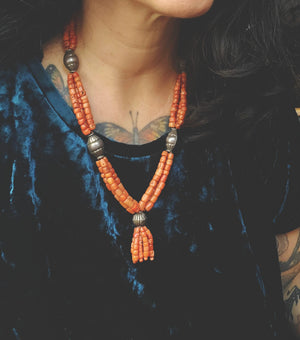 Multistrand Coral Necklace with Silver Beads