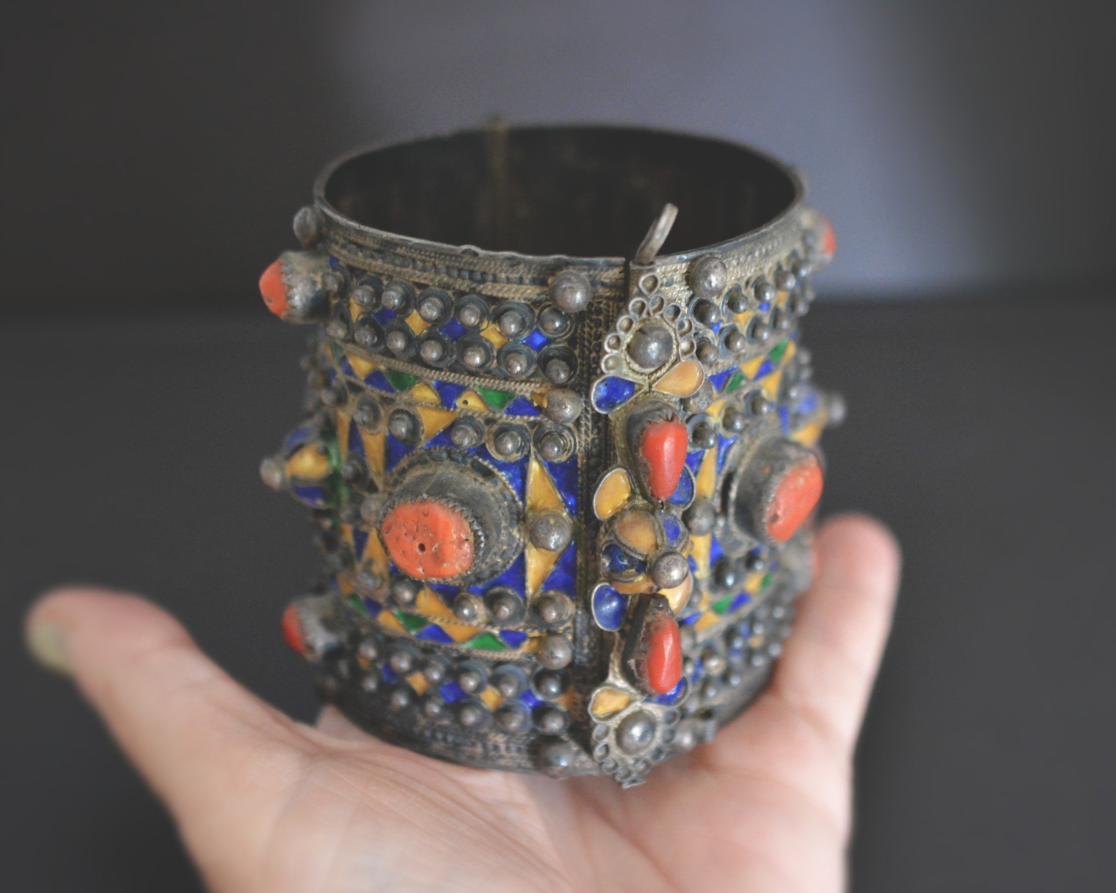 Berber Kabyle Coral Enamel Bracelet - Hinged