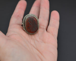 Afghani Carnelian Intaglio Ring with Crescent Moons - Size 7.5