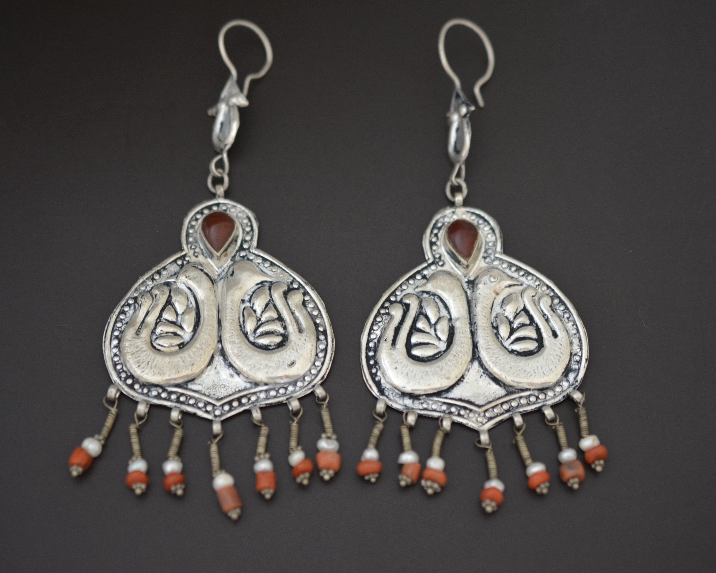 Uzbek Bird Earrings with Coral and Pearls