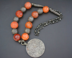Yemeni Carnelian and Silver Beads Necklace with Maria Theresia Thaler Coin