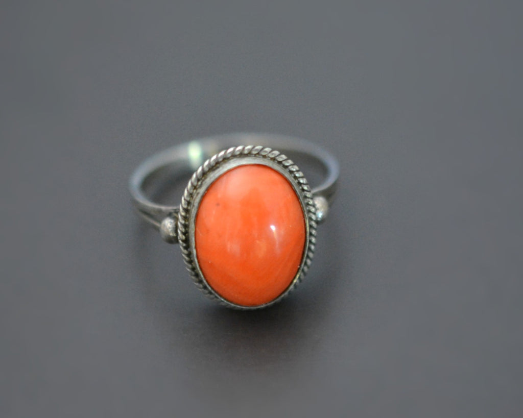 Vintage Coral Silver Ring - Size 8