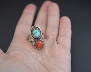 Vintage Nepali Coral Turquoise Ring - Size 8.25