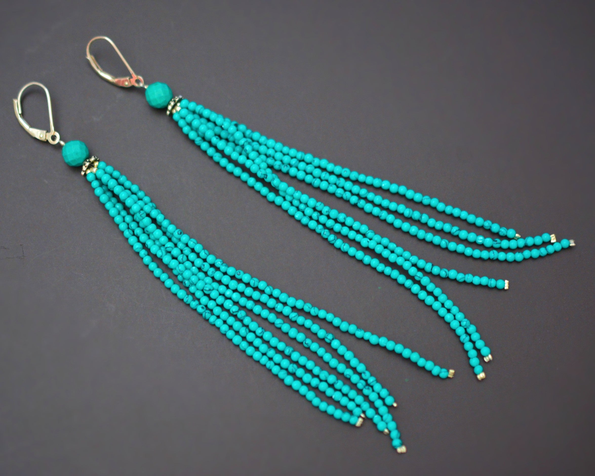Very Long Turquoise Beaded Tassel Earrings
