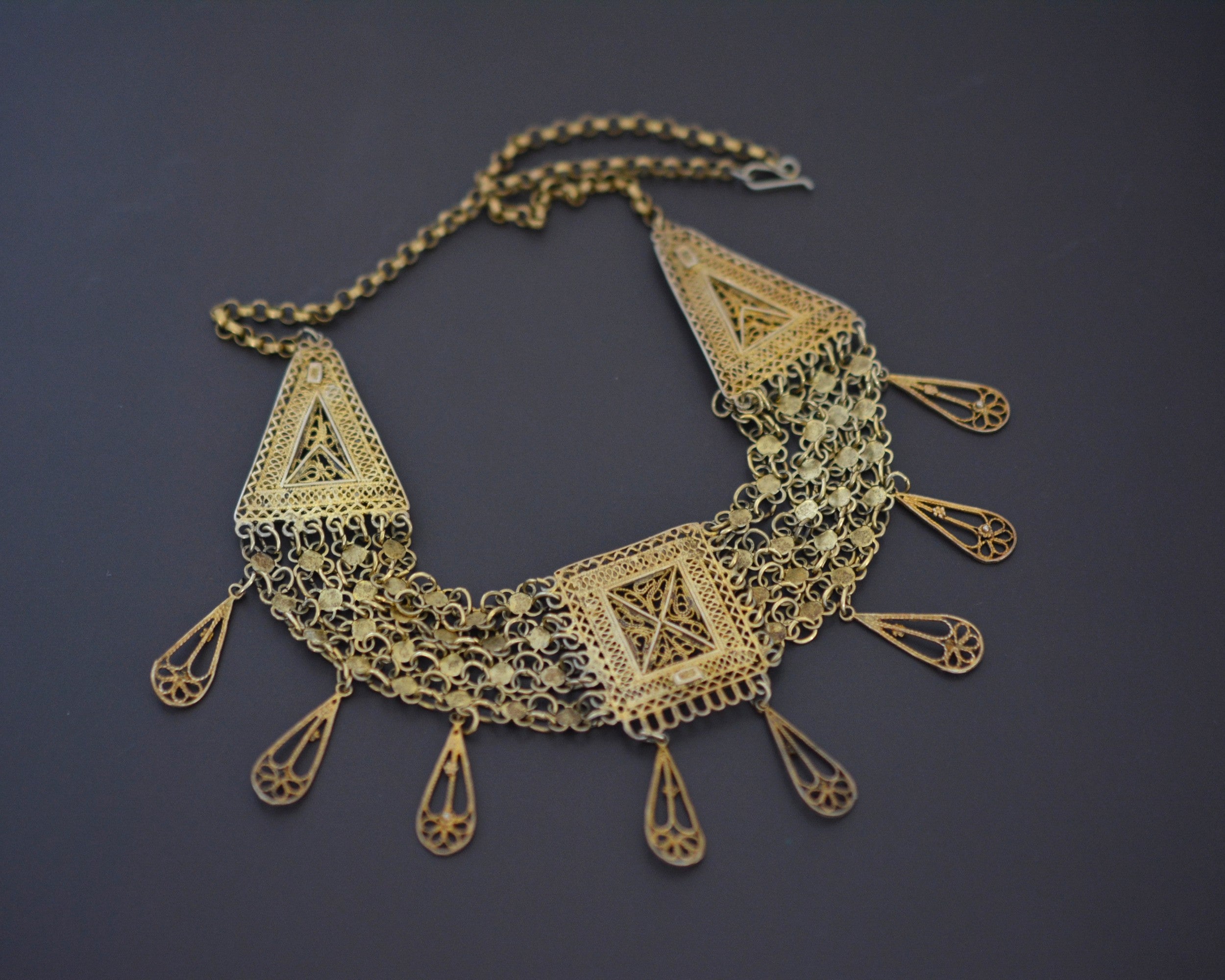 Yemeni Gilded Silver Filigree Necklace with Dangles - Made in Israel