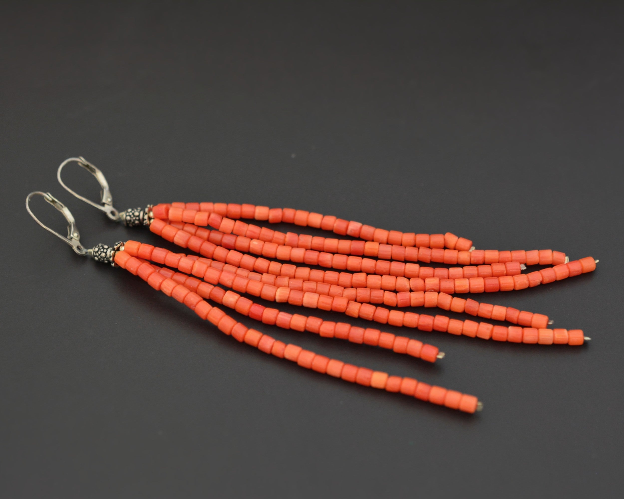 Very Long Coral Beaded Tassel Earrings