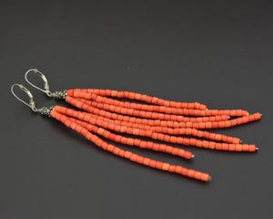Very Long Coral Beaded Tassel Earrings