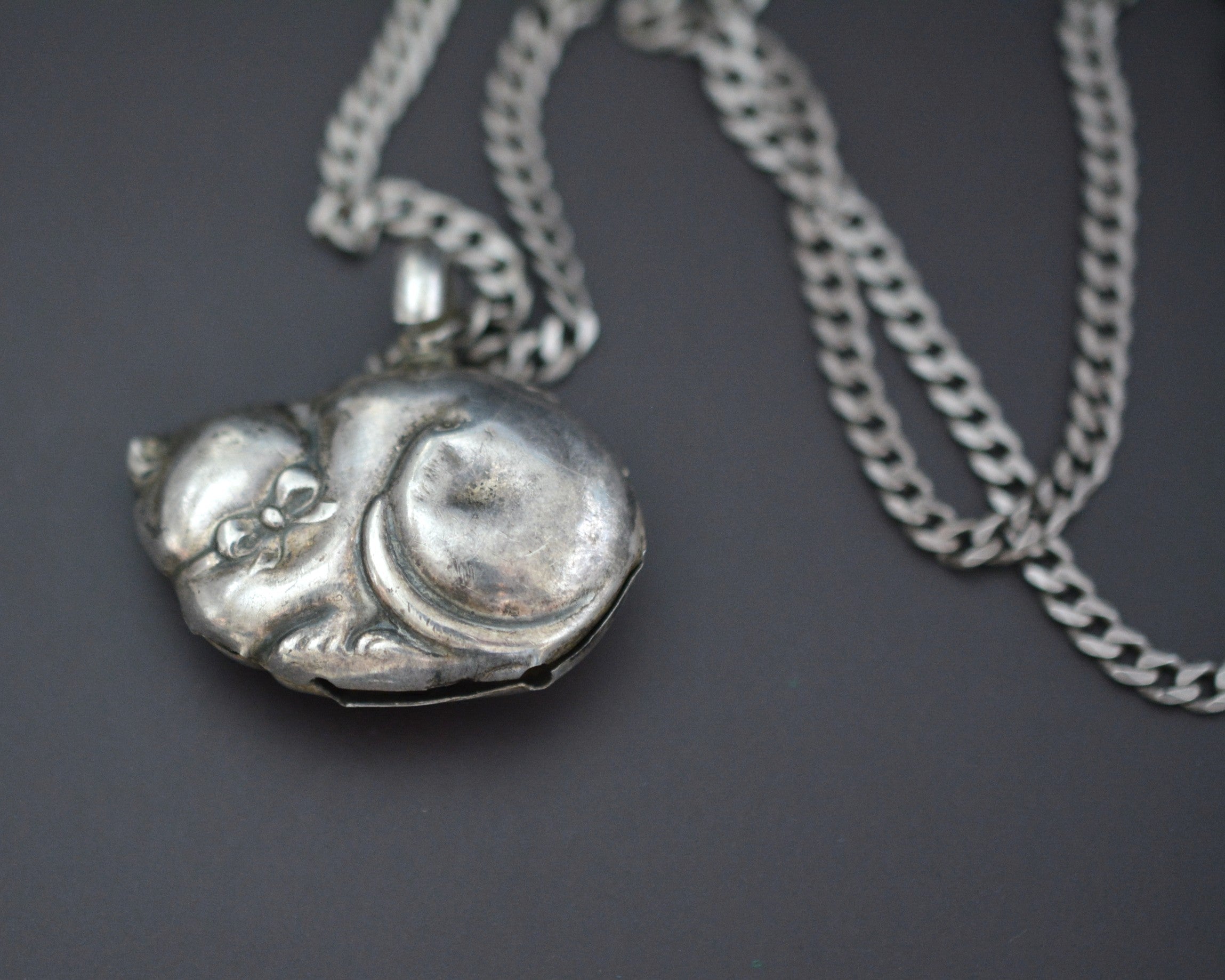 Cat Bell Pendant on Silver Chain Necklace