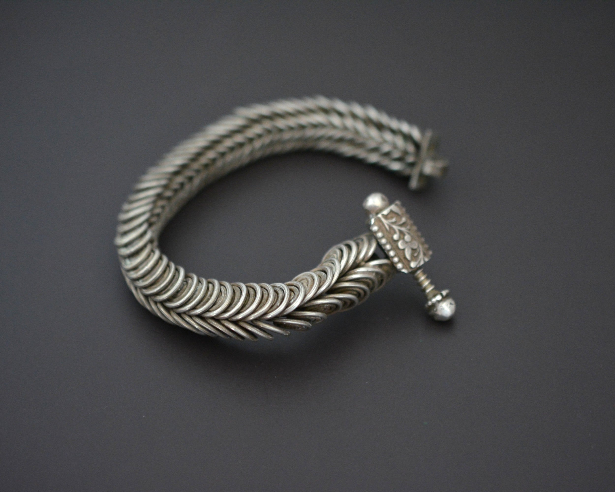XSmall Ethnic Tribal Indian Silver Bracelet - Hinged - XS