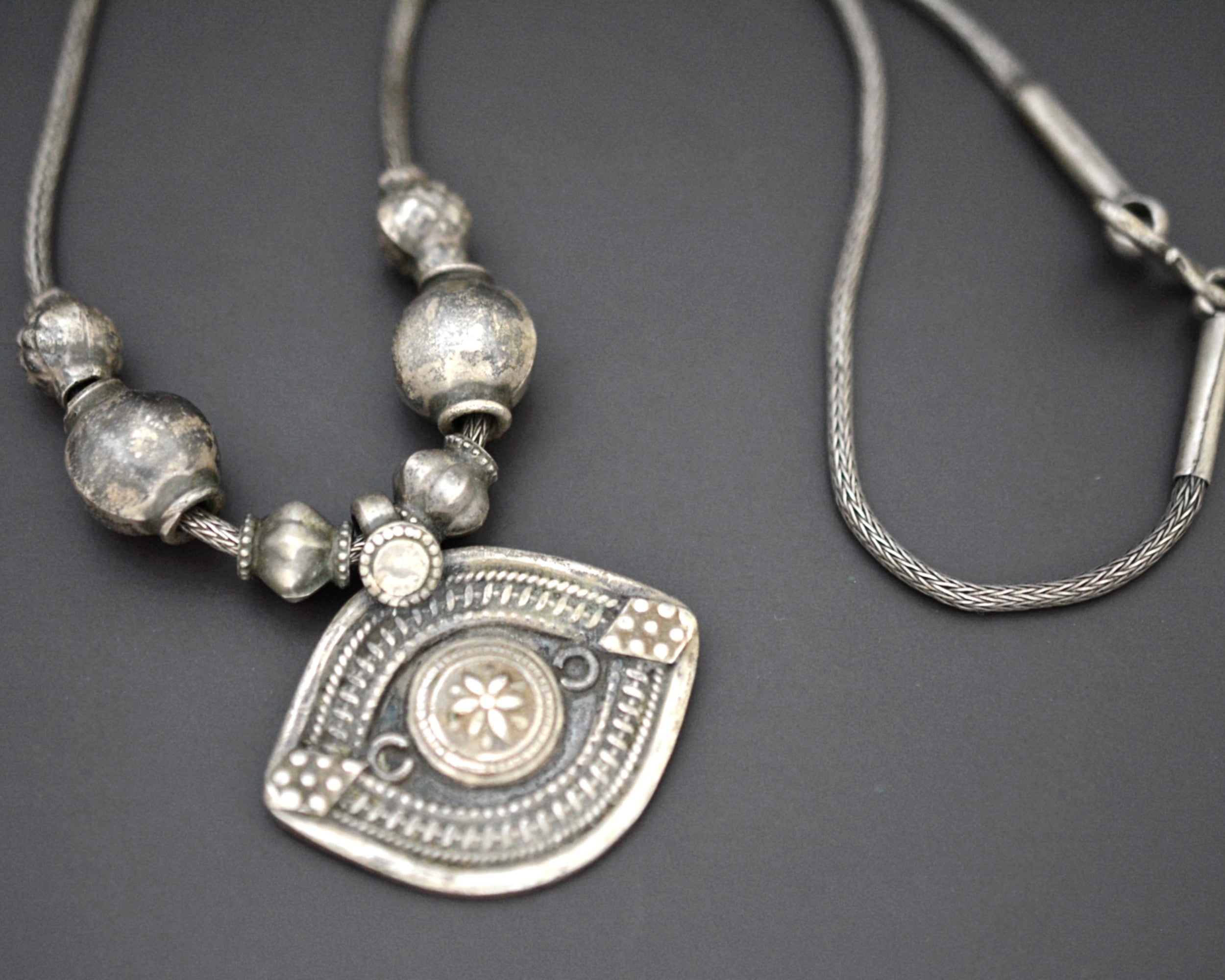 Reserved for A. - Indian Amulet Silver Beads Necklace with Snake Chain