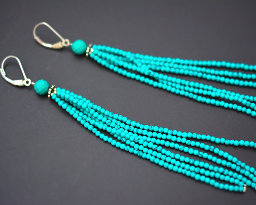 Very Long Turquoise Beaded Tassel Earrings