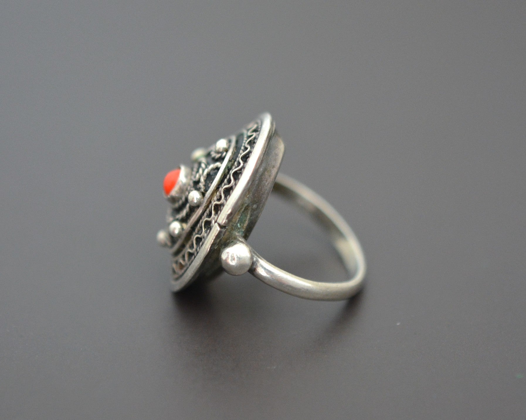 Ethnic Silver and Coral Filigree Ring - Size 5