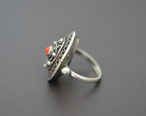 Ethnic Silver and Coral Filigree Ring - Size 5