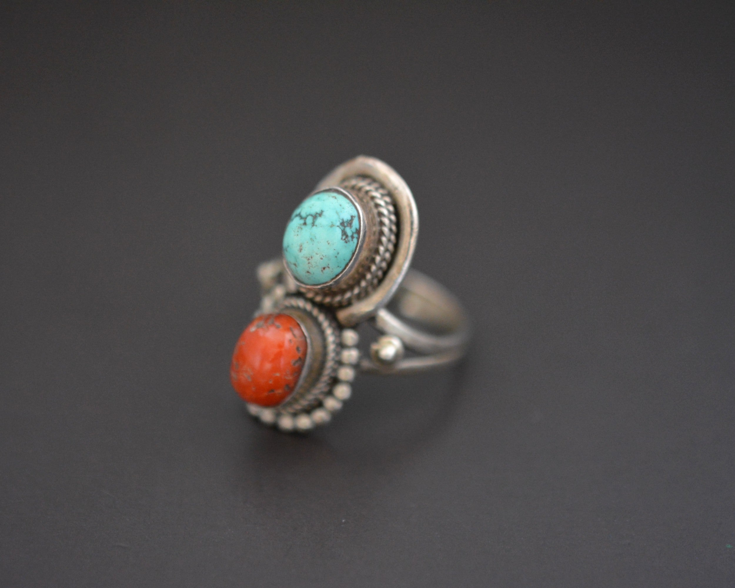 Vintage Nepali Coral Turquoise Ring - Size 8.25