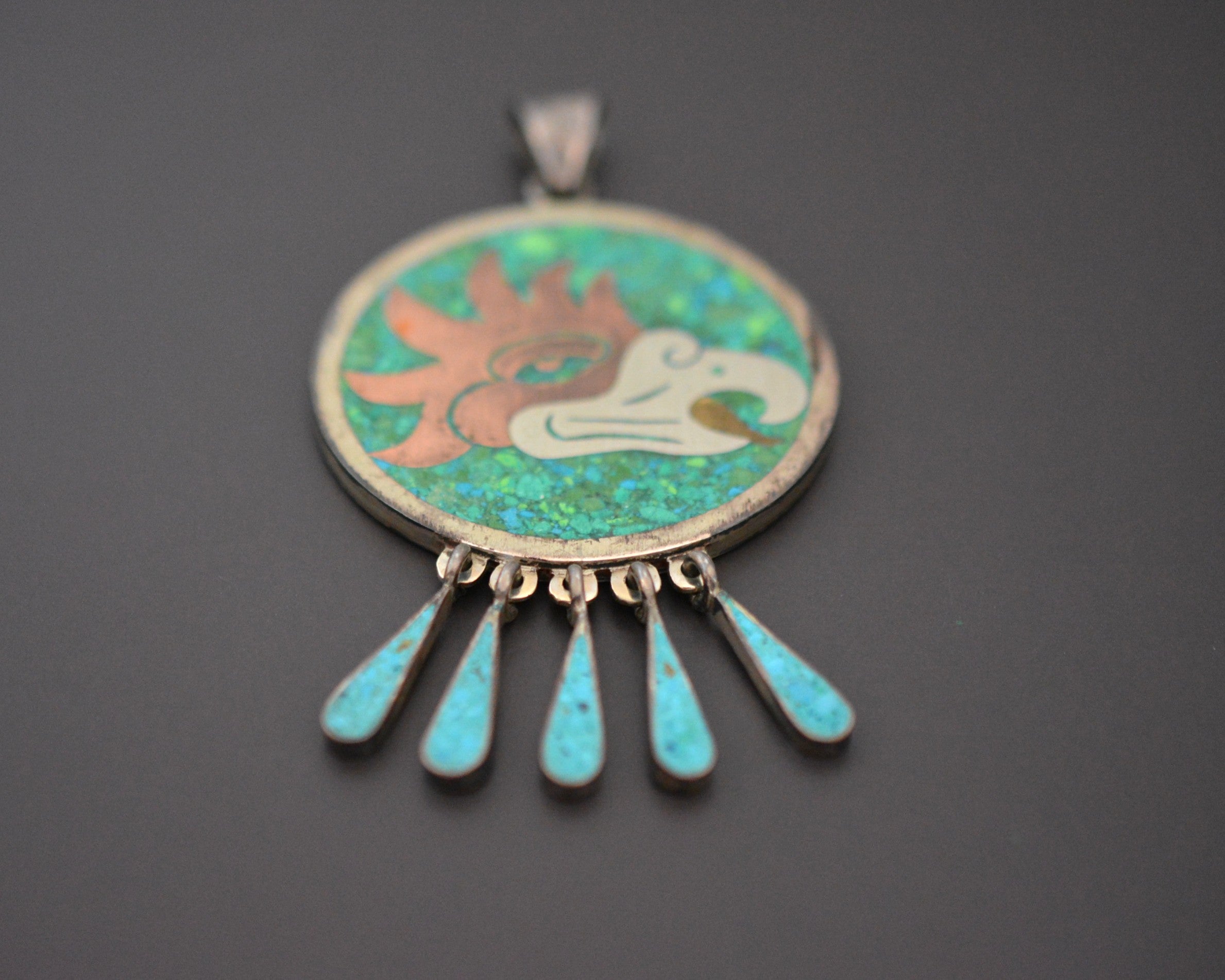 Mexican Turquoise Chip Inlay Pendant with Dangles - Doublesided