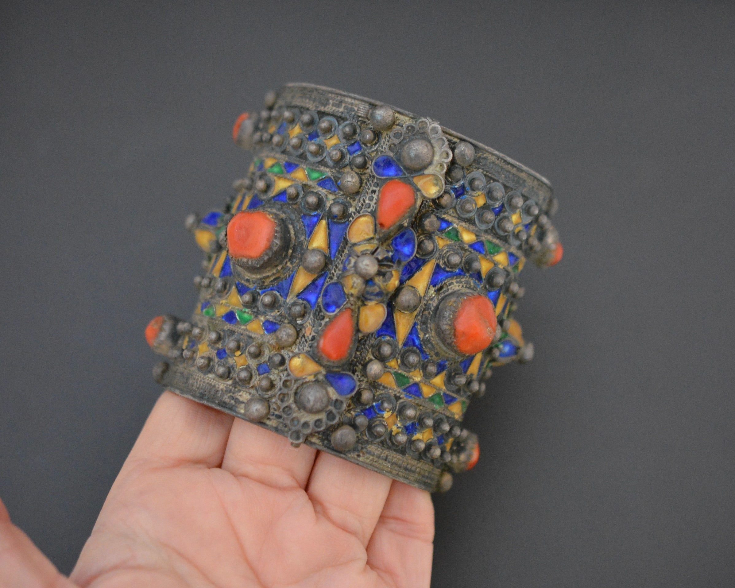 Berber Kabyle Coral Enamel Bracelet - Hinged