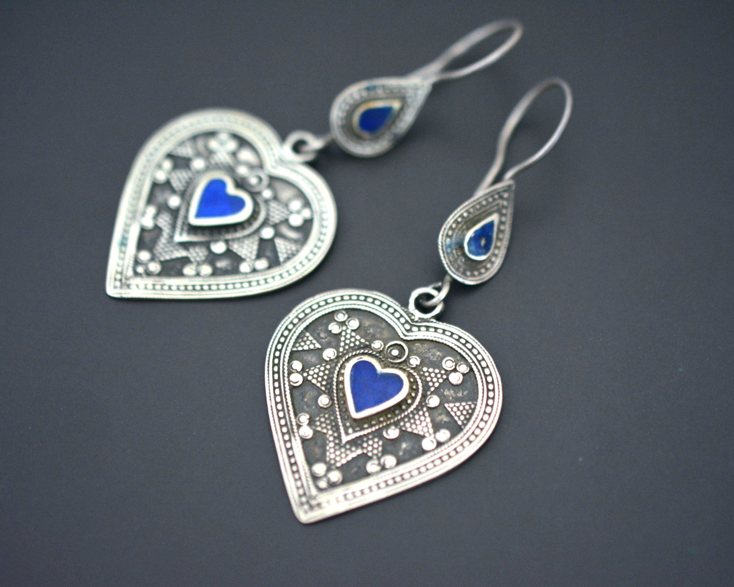 Vintage Kazakh Heart Lapis Lazuli Earrings