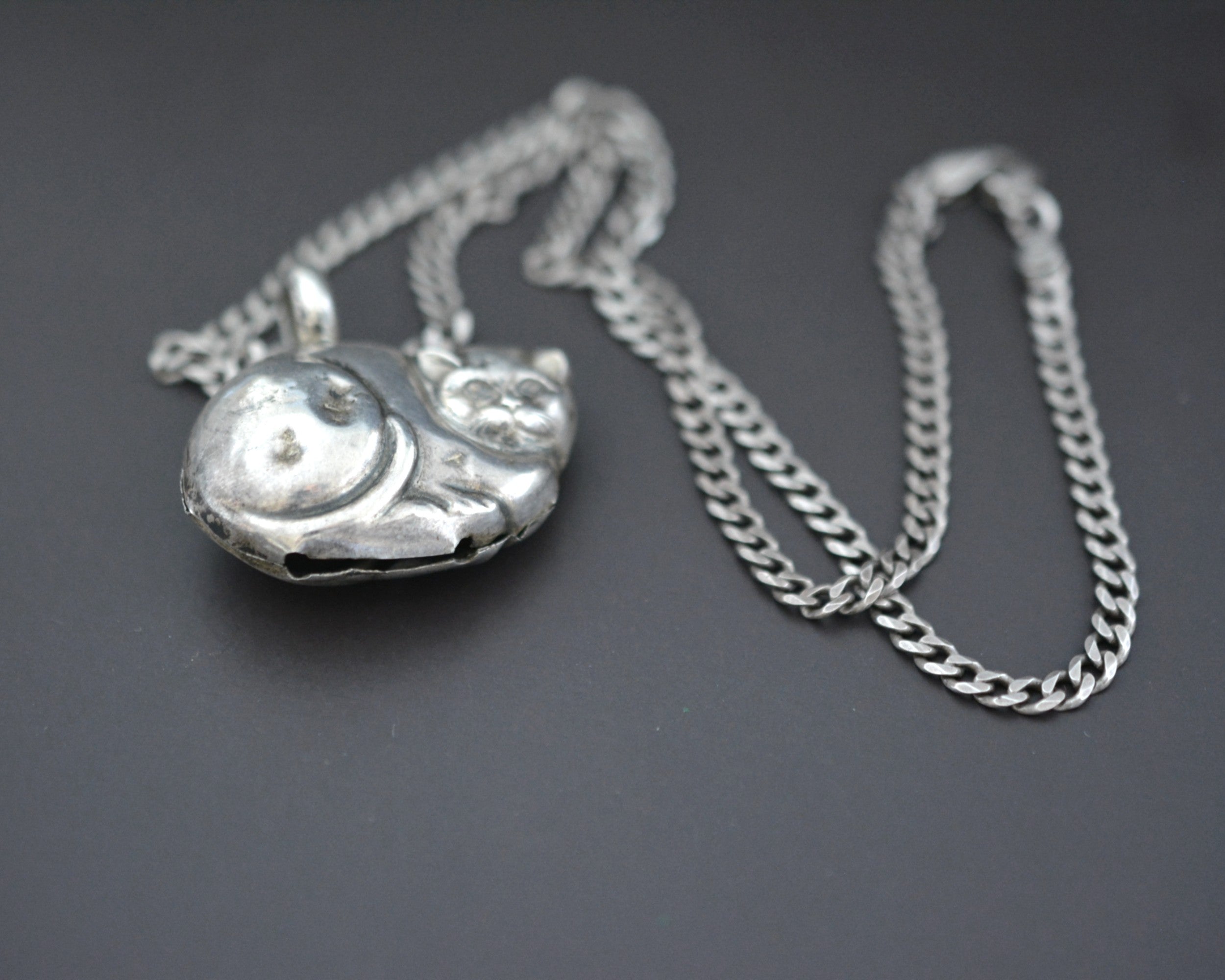Cat Bell Pendant on Silver Chain Necklace