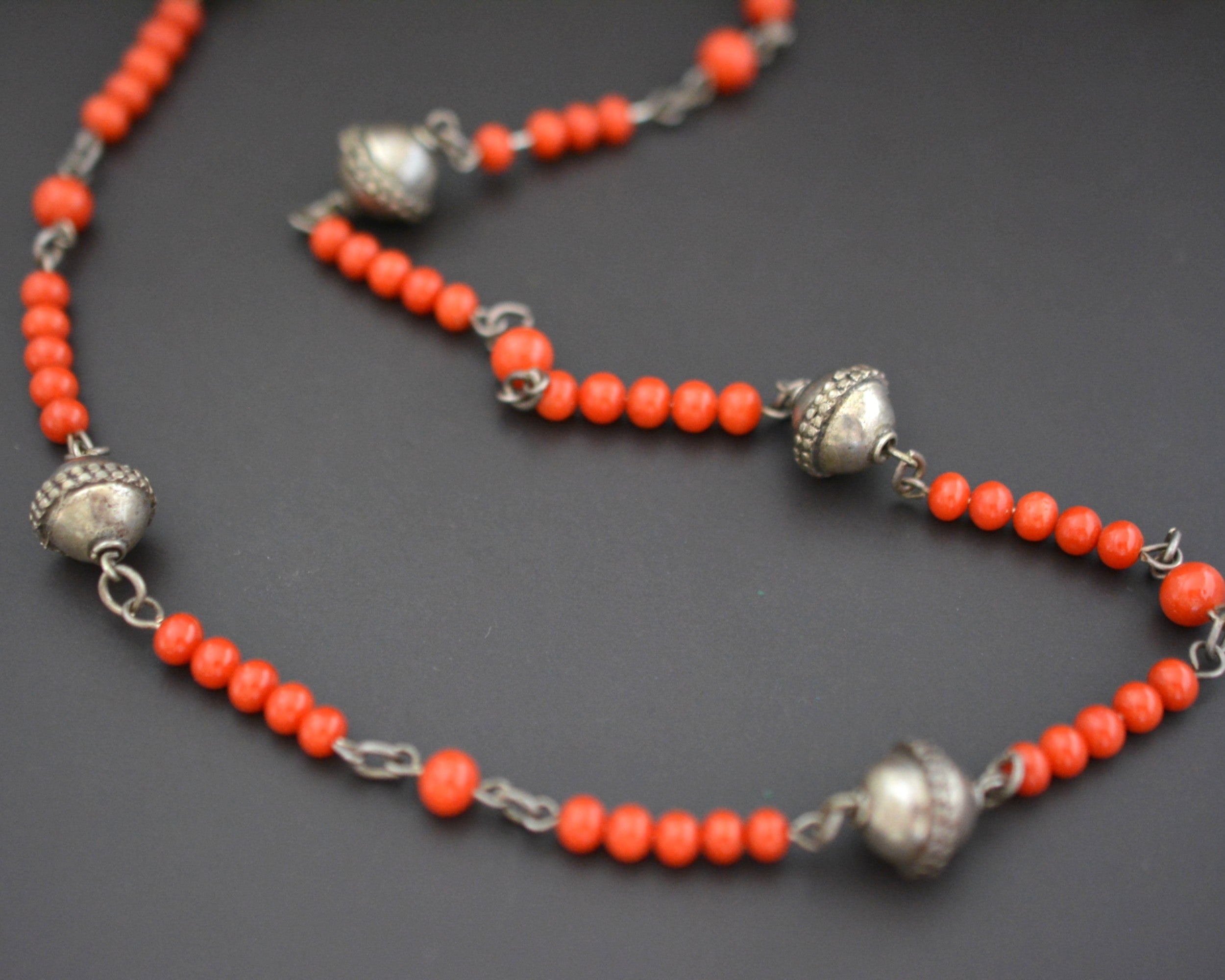 Ethnic Coral Silver Beads Necklace
