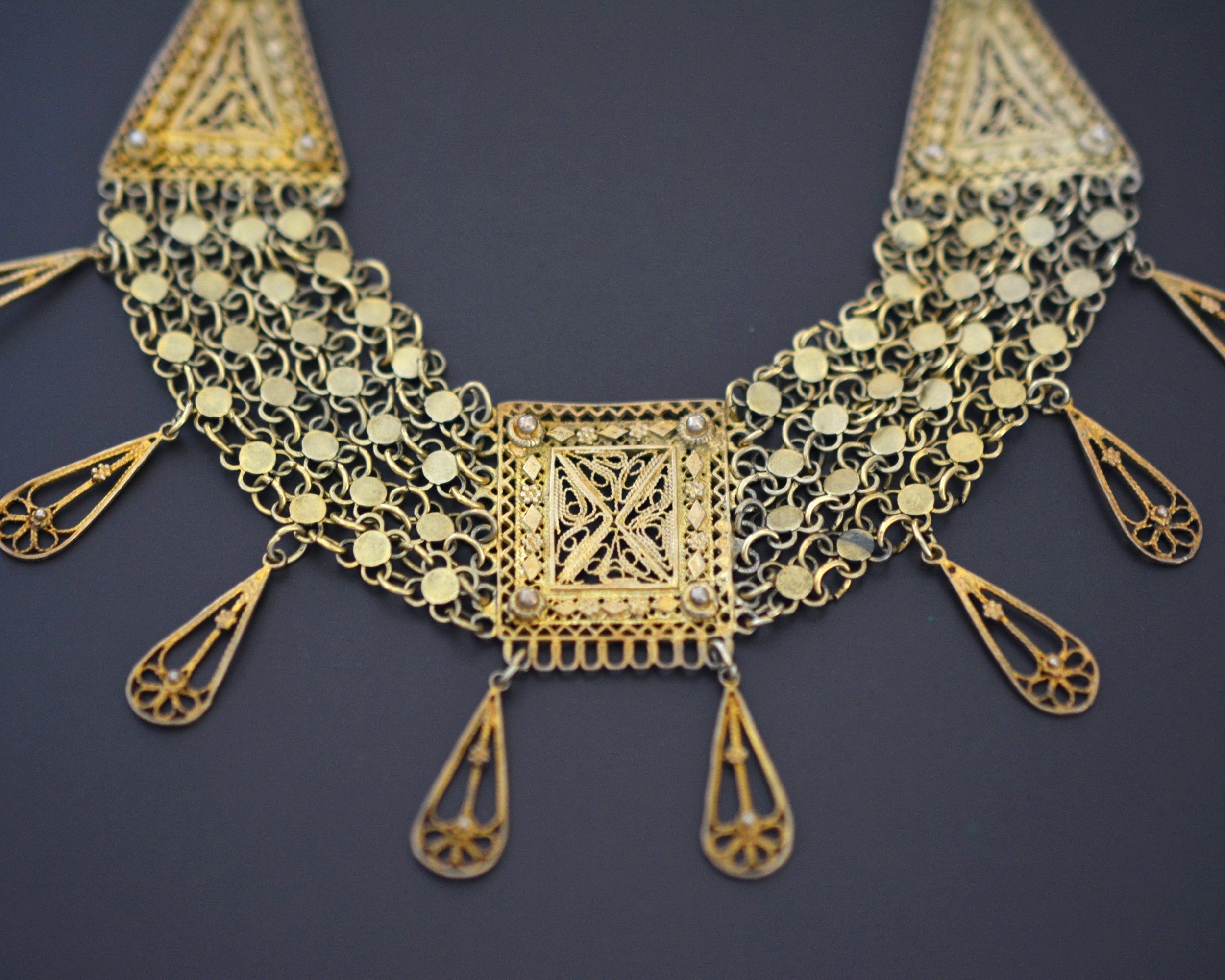 Yemeni Gilded Silver Filigree Necklace with Dangles - Made in Israel