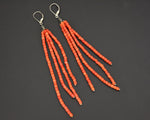 Very Long Coral Beaded Tassel Earrings