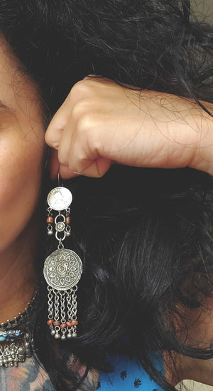 Long Uzbek Coin Dangle Coral Silver Earrings