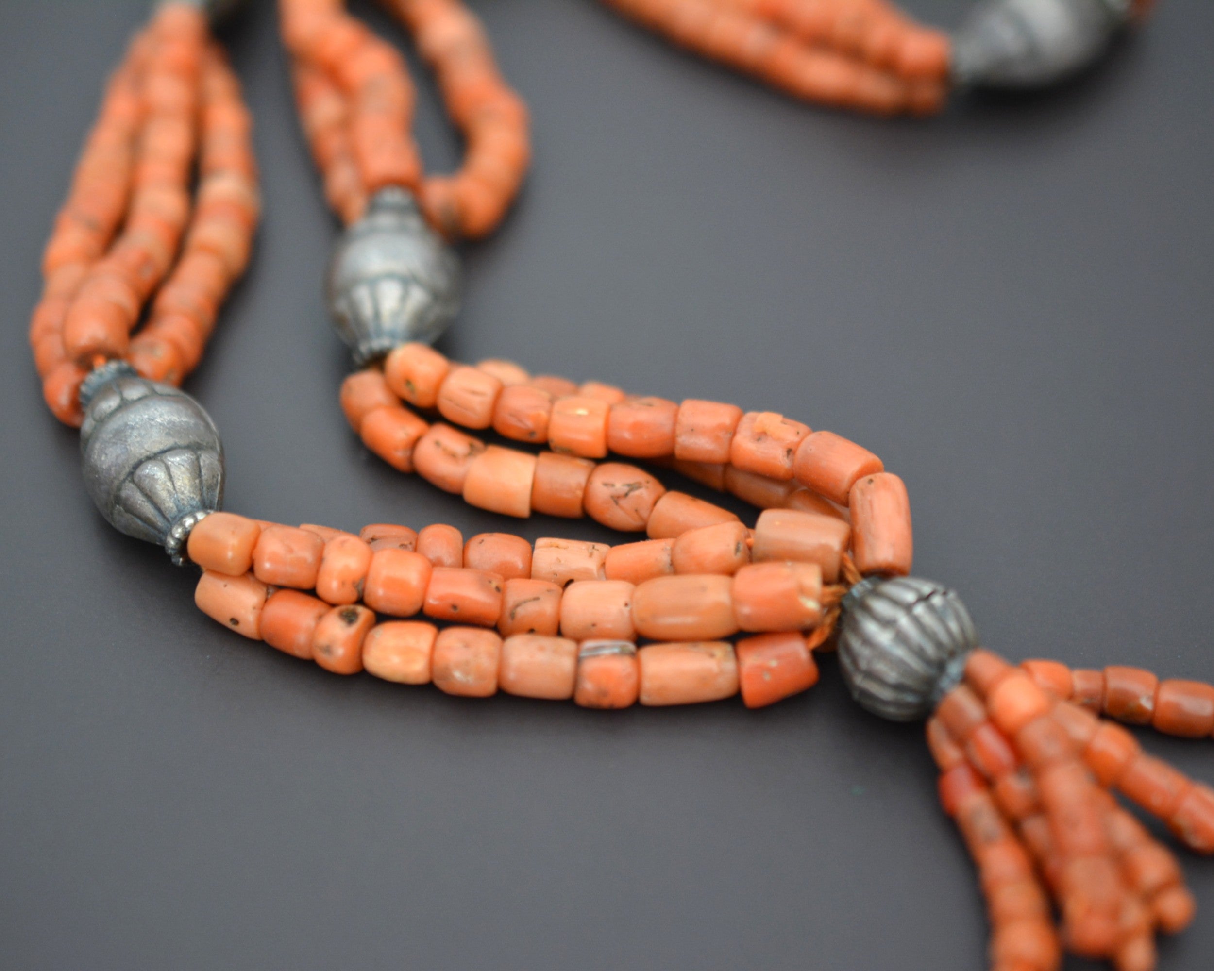 Multistrand Coral Necklace with Silver Beads