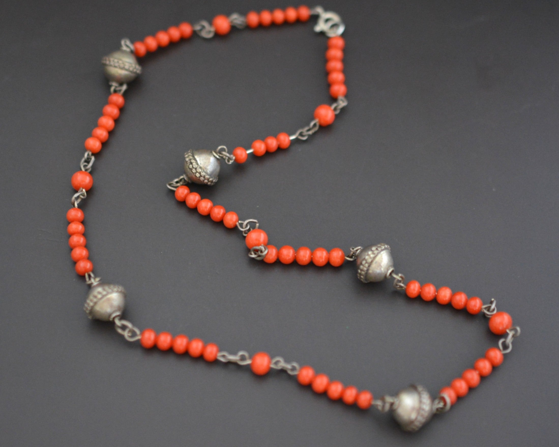 Ethnic Coral Silver Beads Necklace