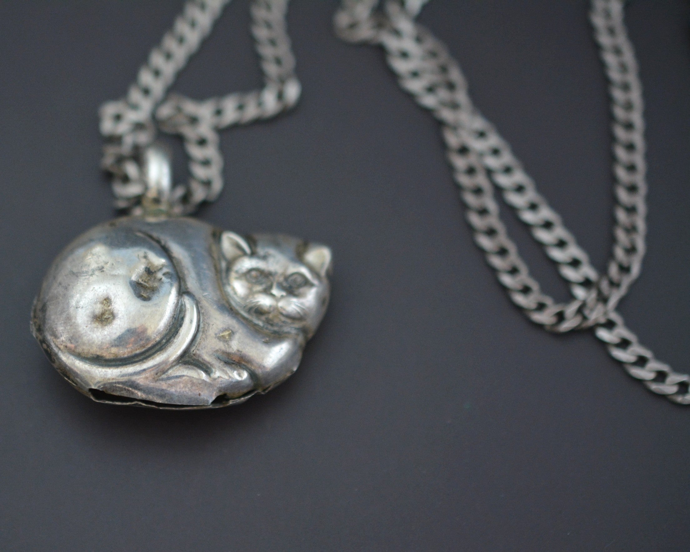 Cat Bell Pendant on Silver Chain Necklace