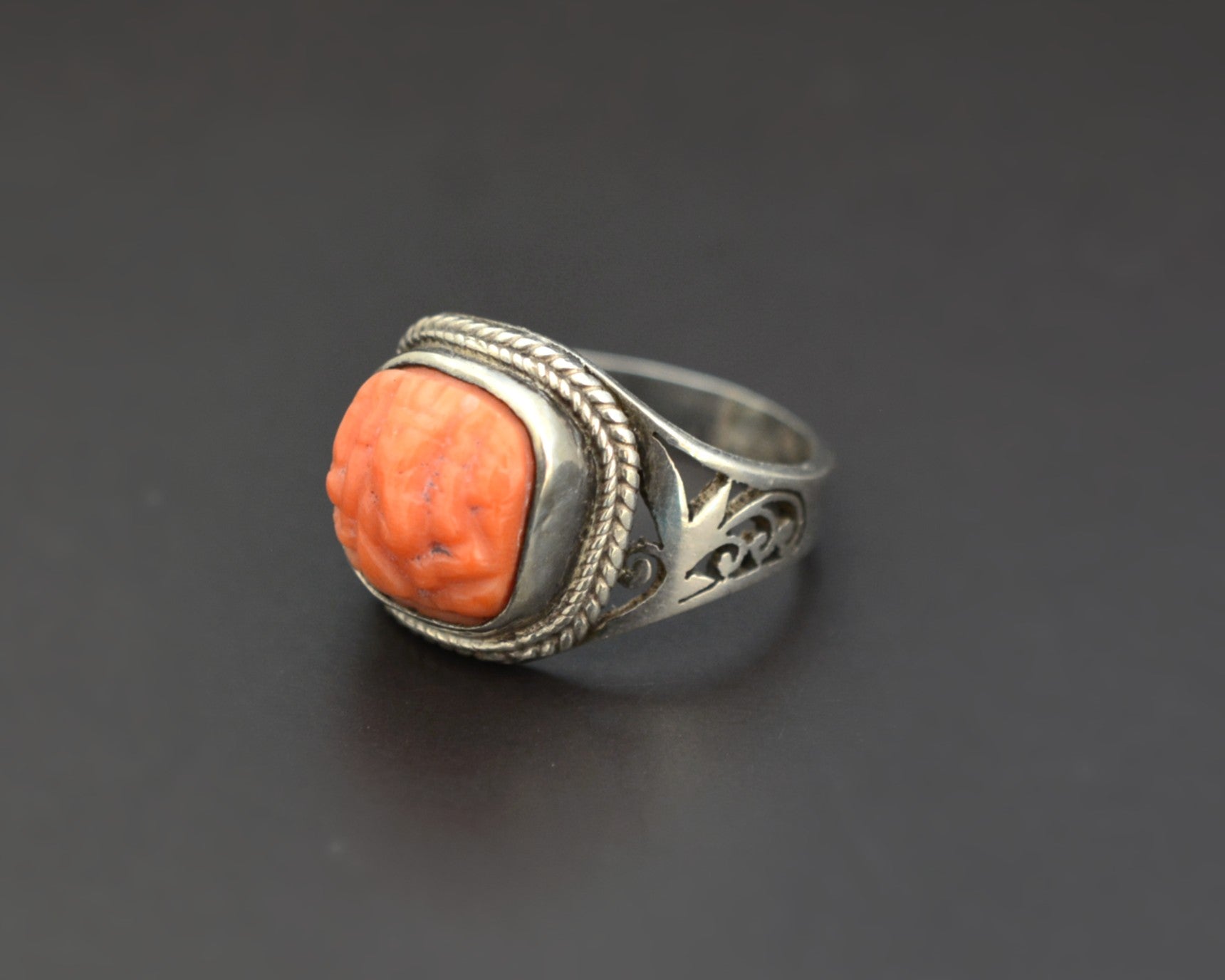Nepali Ganesha Carved Coral Ring - Size 8.5