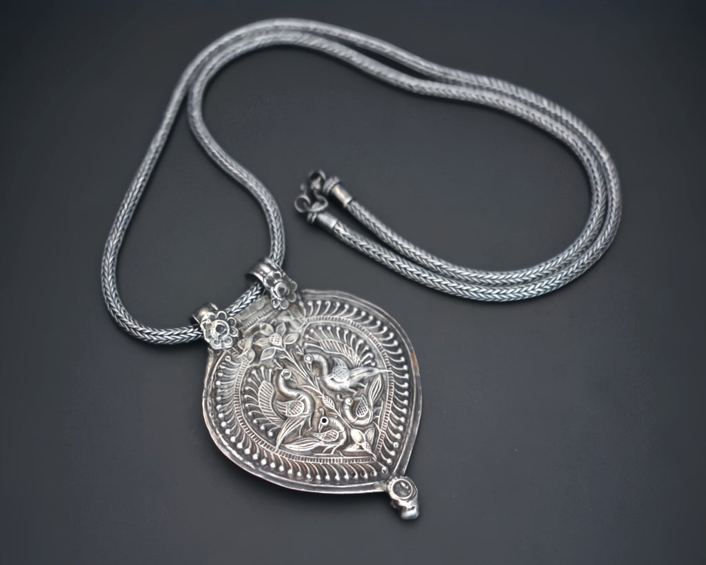 Rajasthani Silver Peacock Pendant on Snake Chain