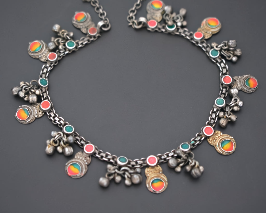Rajasthani Silver Necklace with Colorful Inlays
