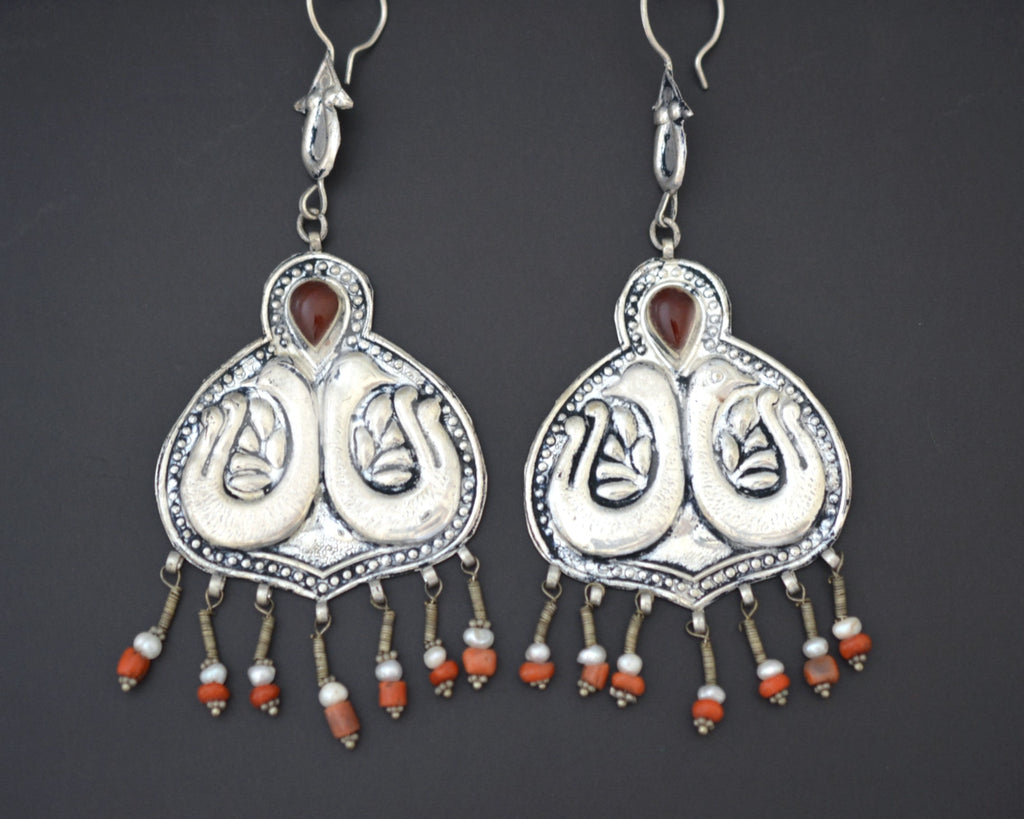 Uzbek Bird Earrings with Coral and Pearls