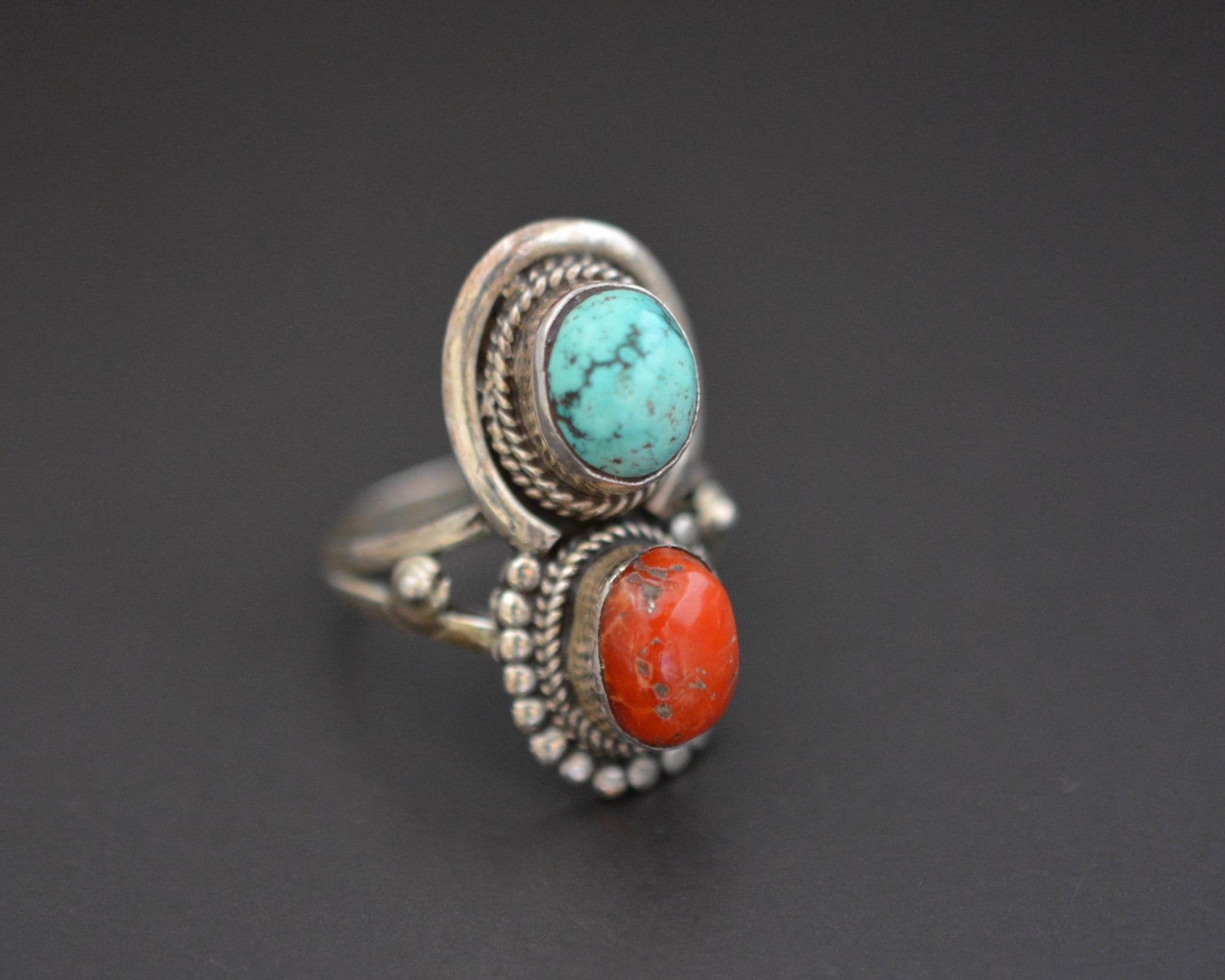 Vintage Nepali Coral Turquoise Ring - Size 8.25