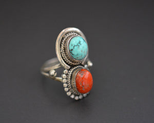 Vintage Nepali Coral Turquoise Ring - Size 8.25