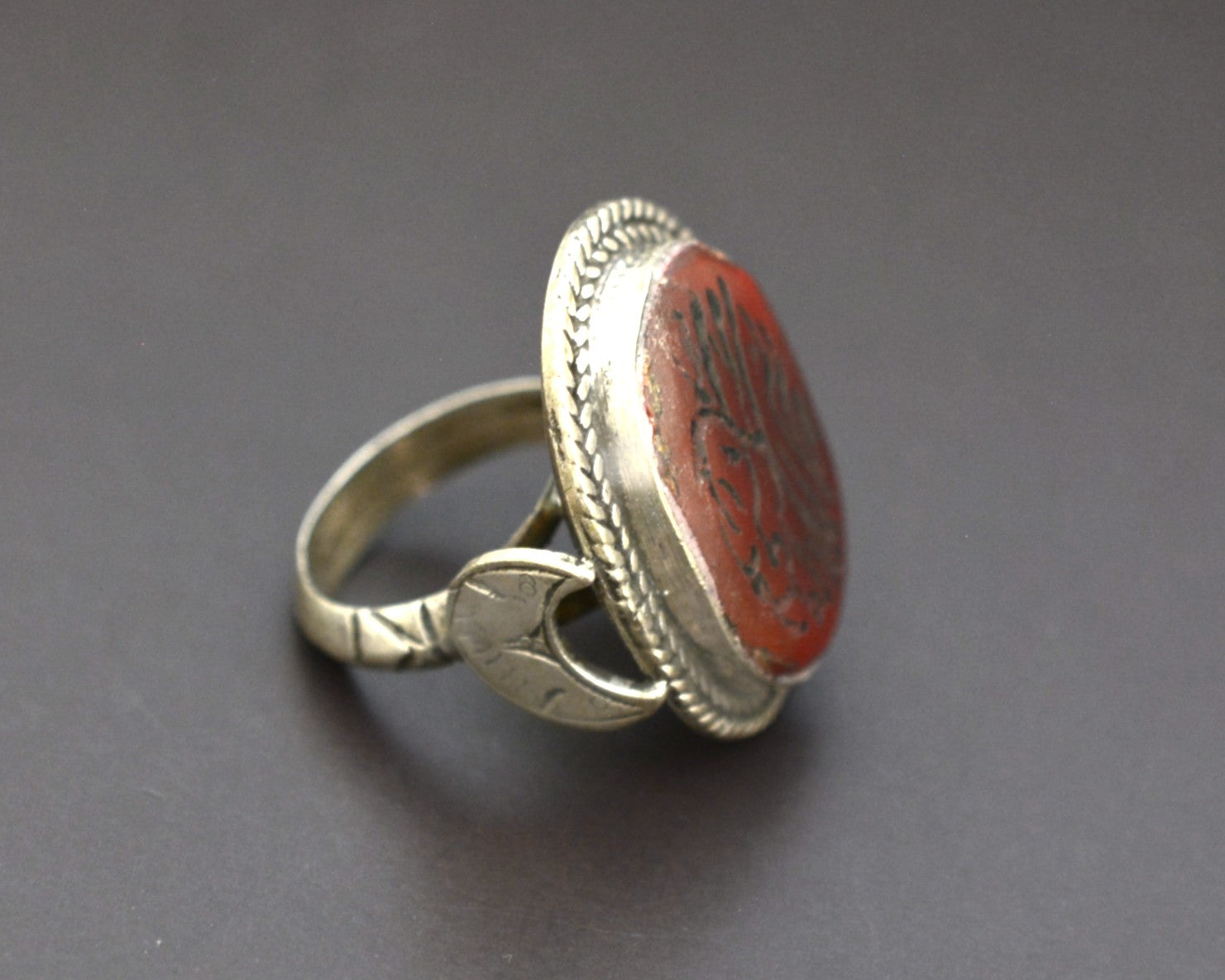 Afghani Carnelian Intaglio Ring with Crescent Moons - Size 7.5