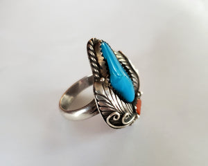 Native American Navajo Coral Turquoise Ring - Size 6.5
