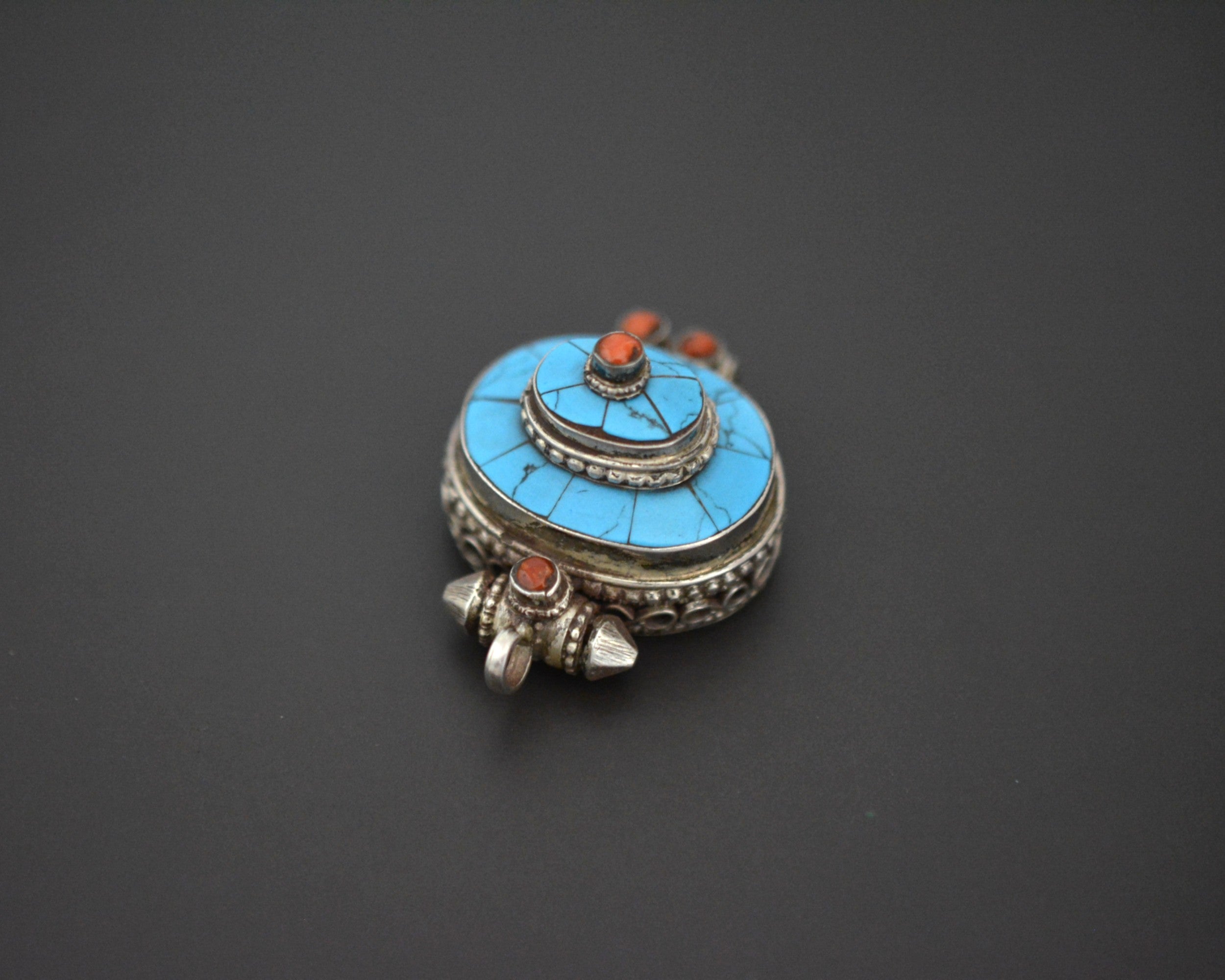Tibetan Turquoise and Coral Gau Box Pendant