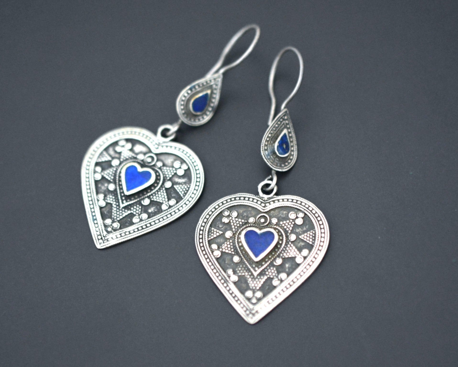 Vintage Kazakh Heart Lapis Lazuli Earrings