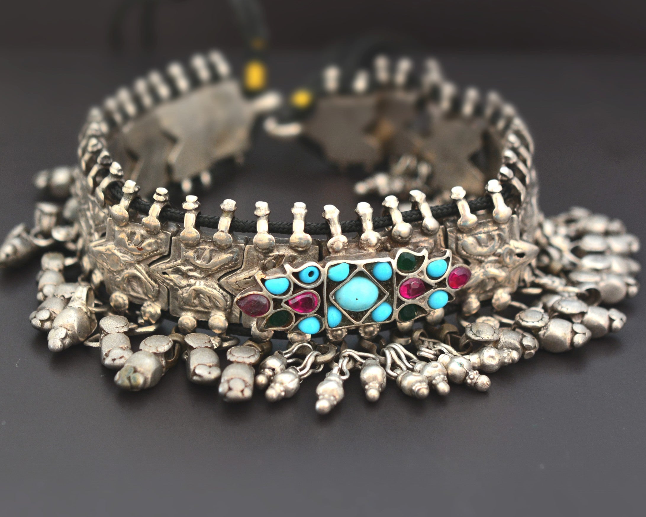 Rajasthani Silver Choker Necklace on Cotton Cord