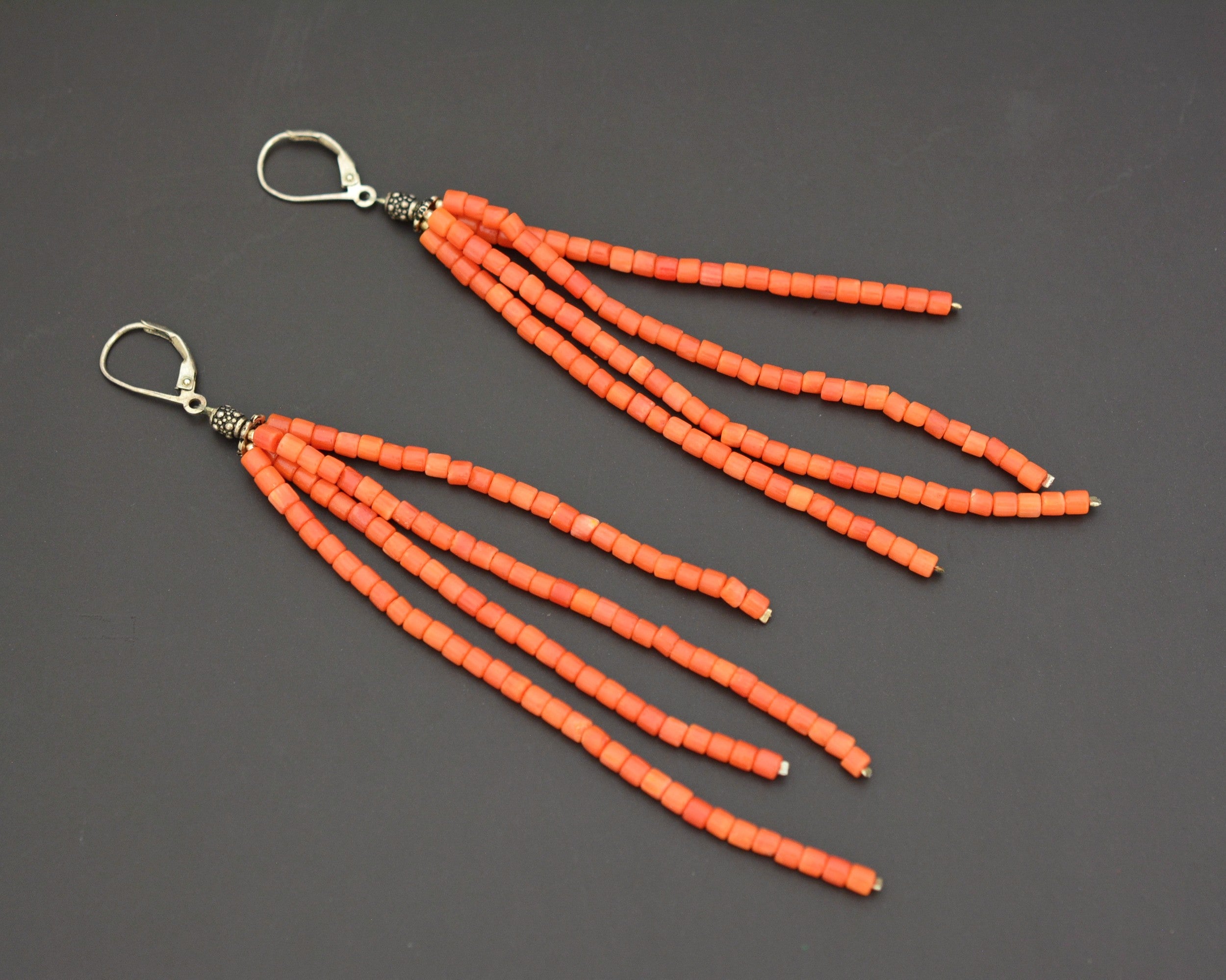 Very Long Coral Beaded Tassel Earrings