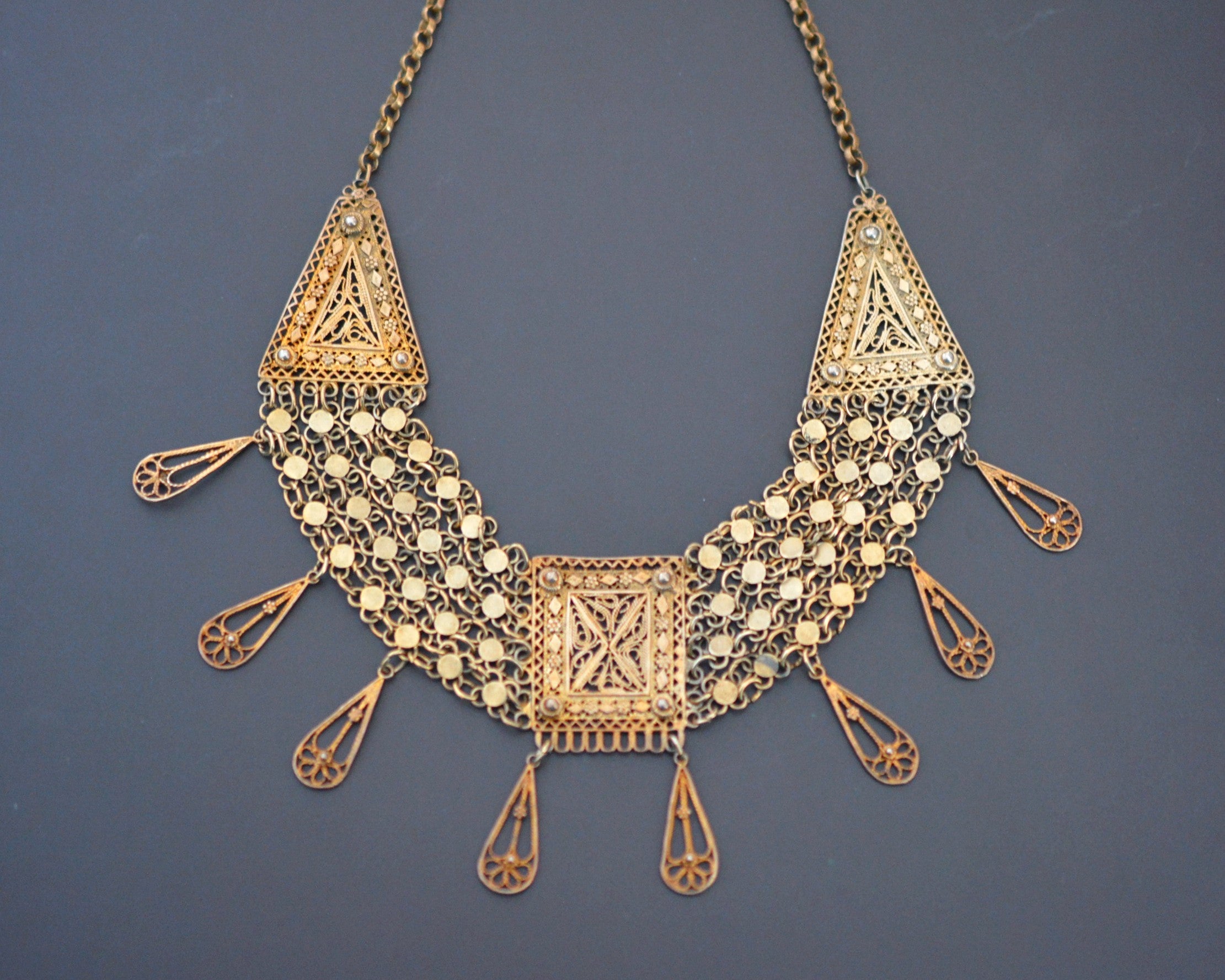Yemeni Gilded Silver Filigree Necklace with Dangles - Made in Israel
