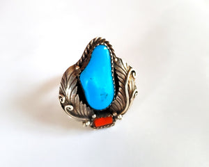 Native American Navajo Coral Turquoise Ring - Size 6.5