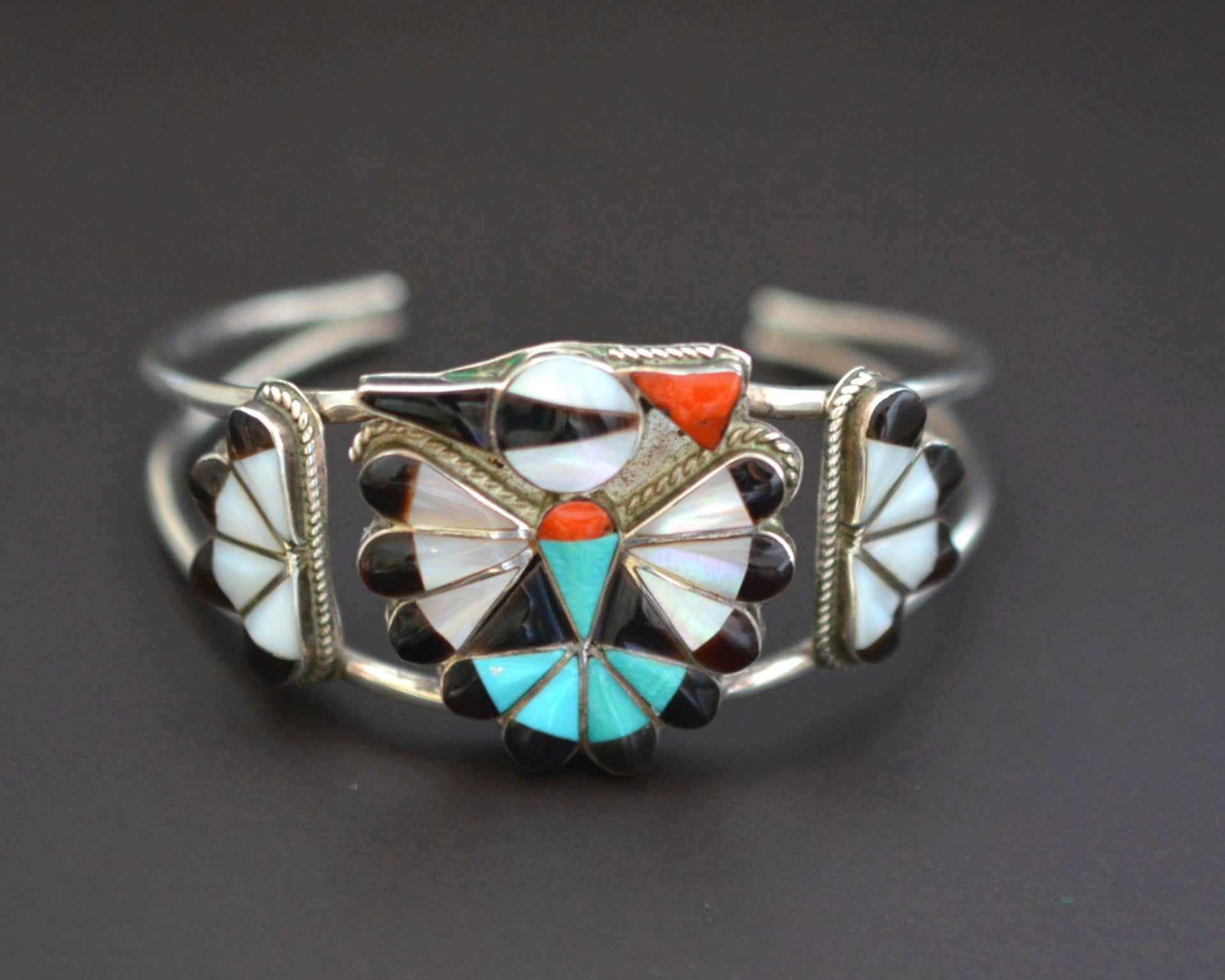 Zuni Multistone Inlay Peyote Bird Cuff Bracelet