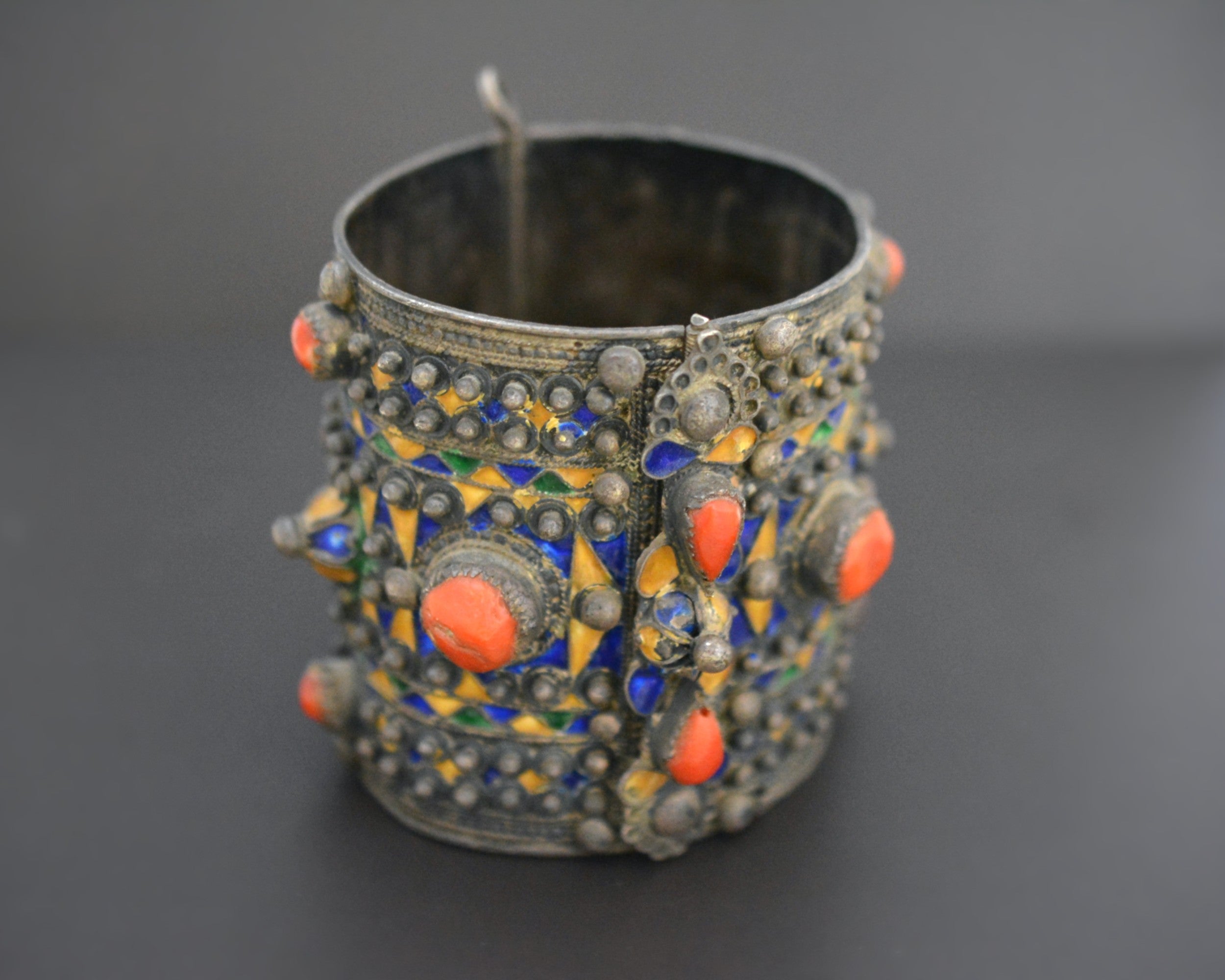Berber Kabyle Coral Enamel Bracelet - Hinged